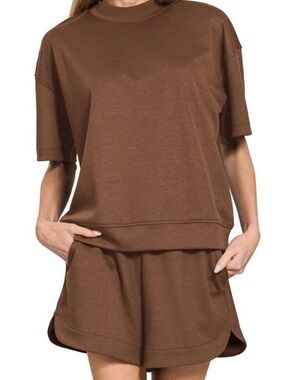NIB Zenana Outfitters Cocoa Brown Skuba Short Sleeve Tee and Shorts Set
